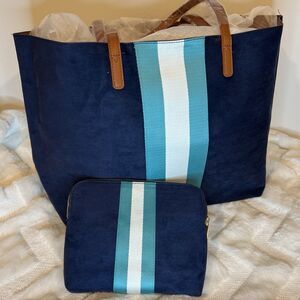 NEW Neiman Marcus Velvet SET Tote With Makeup Pouch Navy